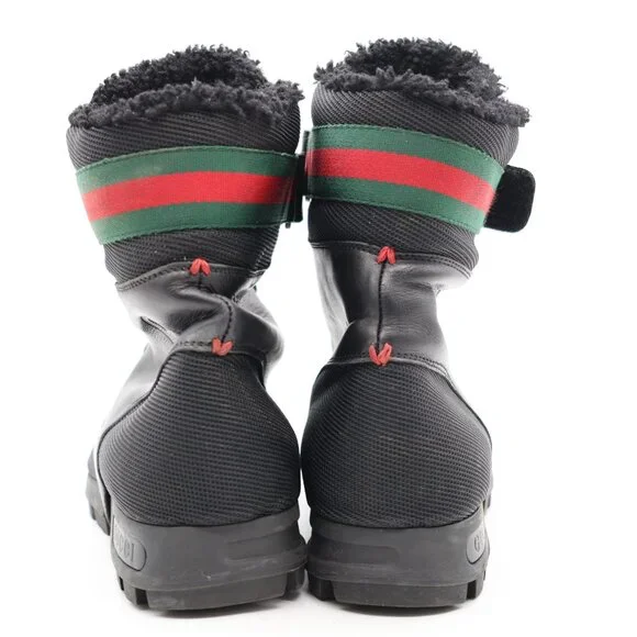 GUCCI Black Leather Signature Webbing Shearling Lined Men UK 9.5 US 10 Combat